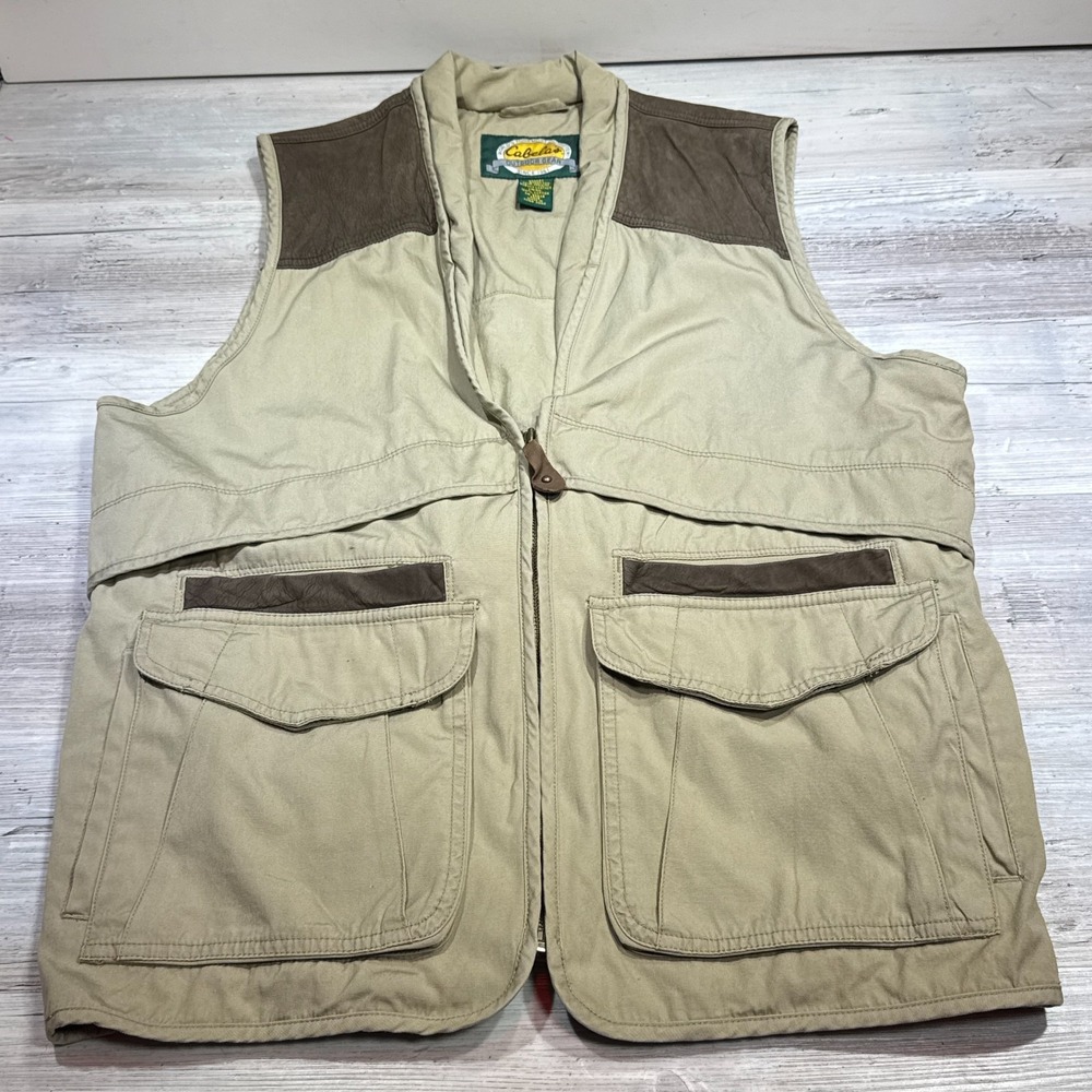 Vintage‎ Cabela's Vest Mens M Biege Sportswear Fishing Nubuck Leather Trim